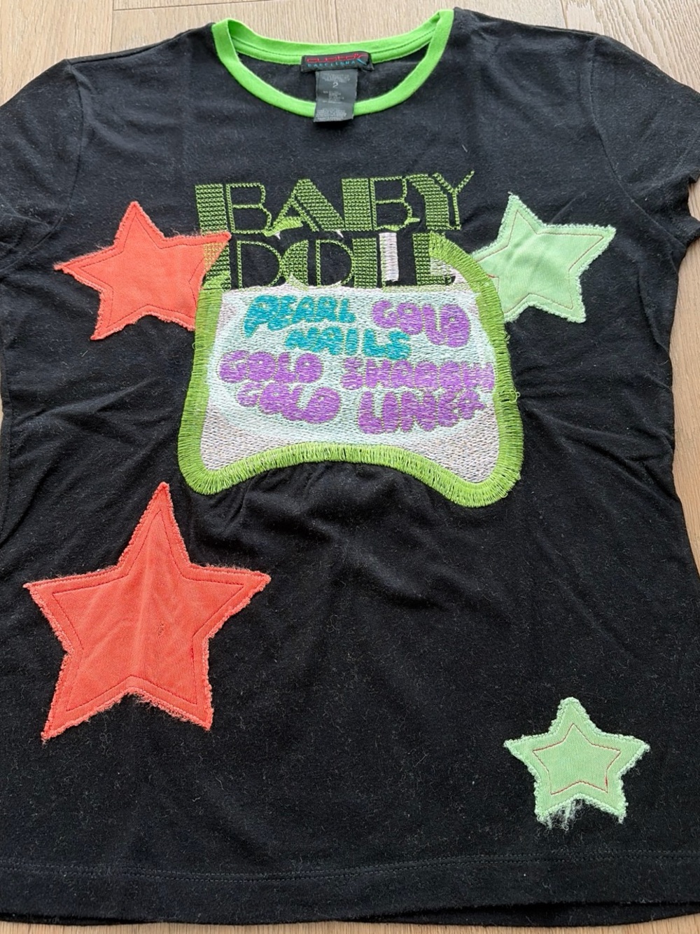 Custo Barcelona Black Tee with Orange and Light Green Star Appliqués